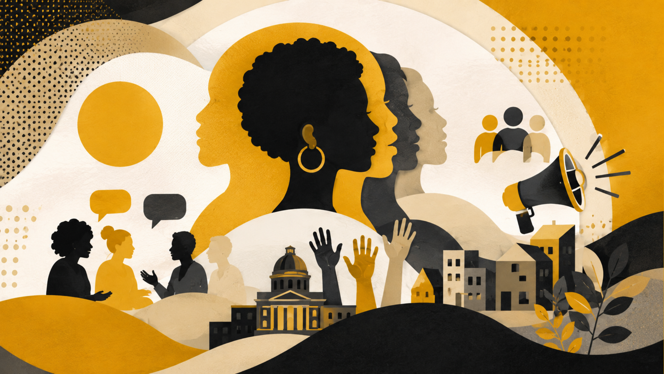 Illustration representing civic health through community participation, advocacy, public voice, and civic engagement.