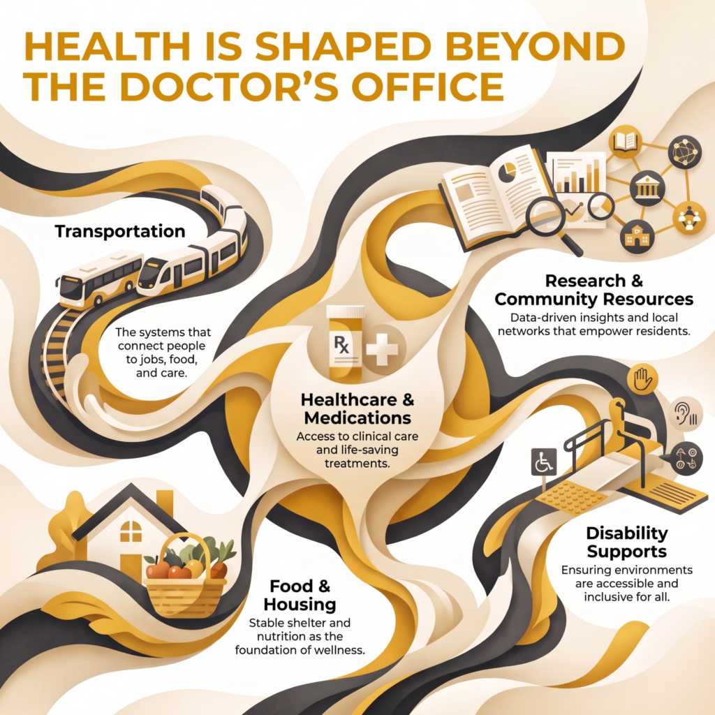 Graphic showing how transportation, healthcare and medications, food and housing, disability supports, research, and community resources can shape health.