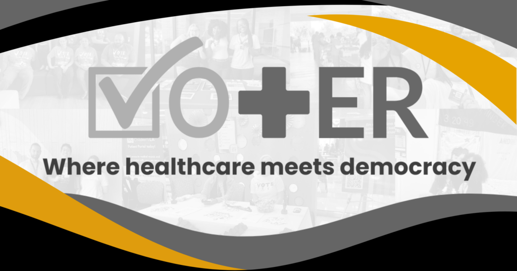 Vot-ER graphic with the message “Where healthcare meets democracy,” representing the connection between civic participation and health.