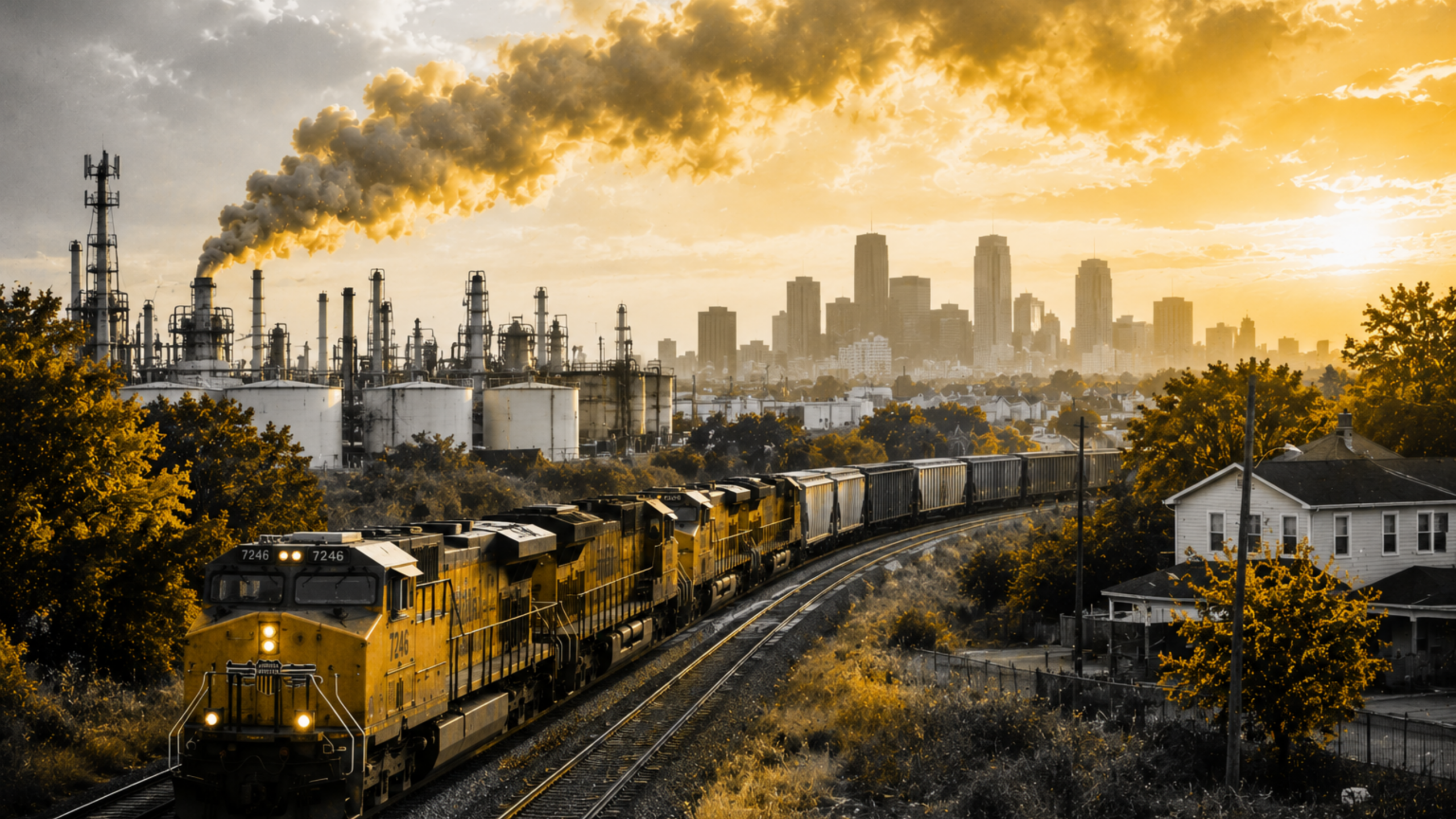Freight train passing an industrial community, representing environmental justice and chronic illness