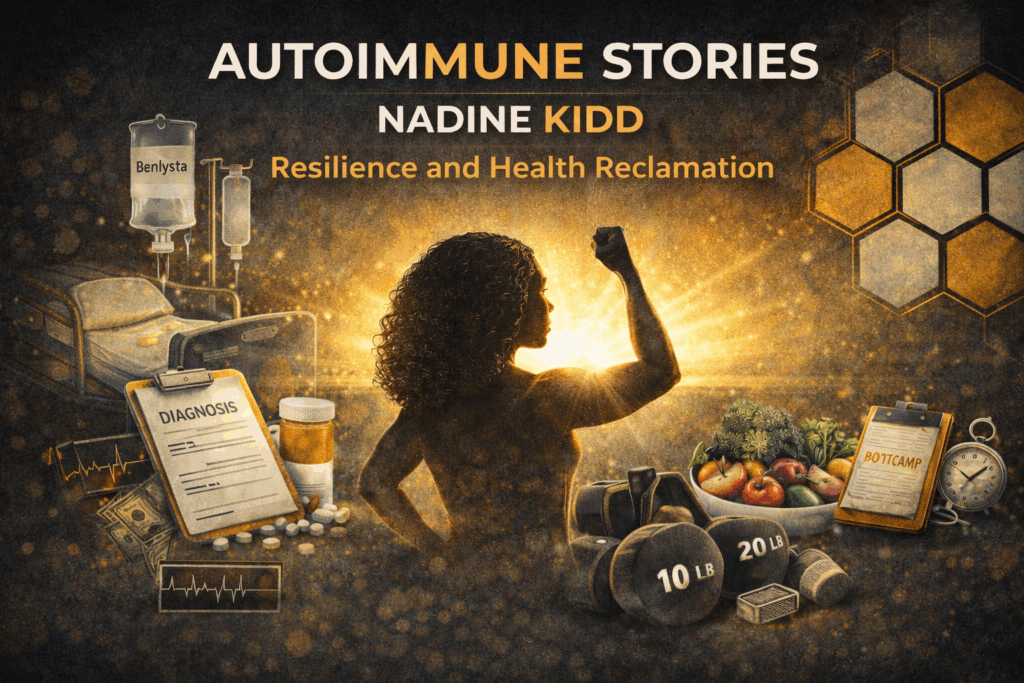 A stylized illustration showing a transition from medical treatment, including IV medication and prescription bottles, toward symbols of health such as fresh food, exercise equipment, and time markers, representing long-term autoimmune stability and recovery.