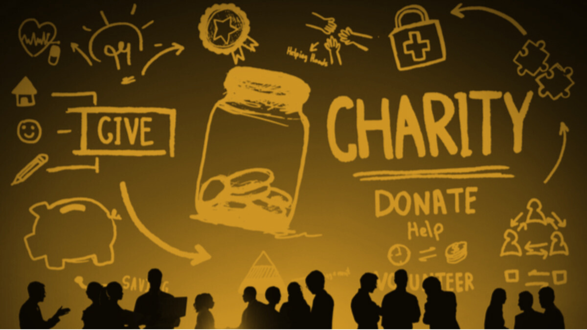 Illustration representing workplace giving and charitable donations, showing a donation jar, volunteer icons, and people contributing to community causes